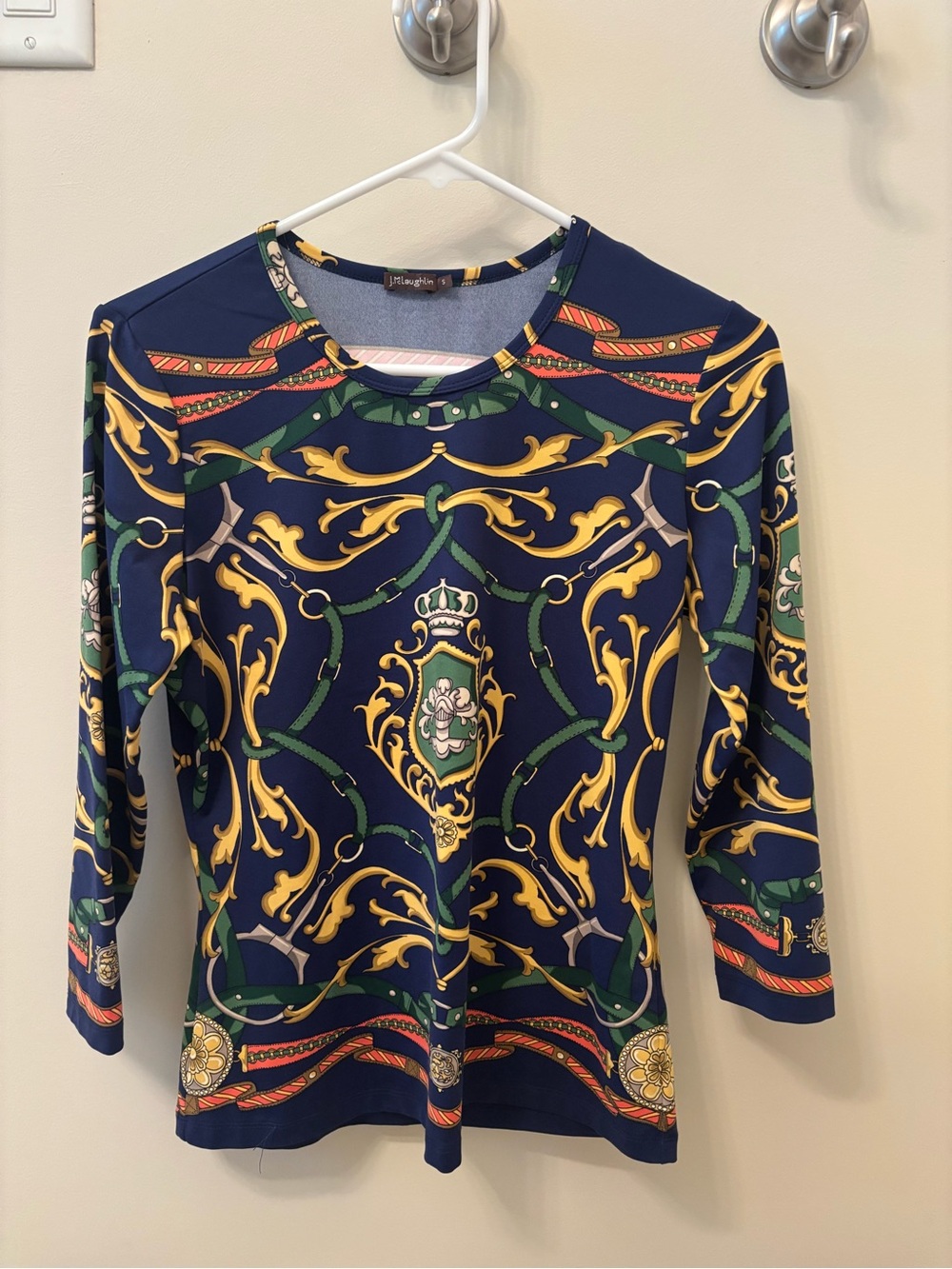 J. McLaughlin Catalina Cloth Navy Top with Equestrian Print